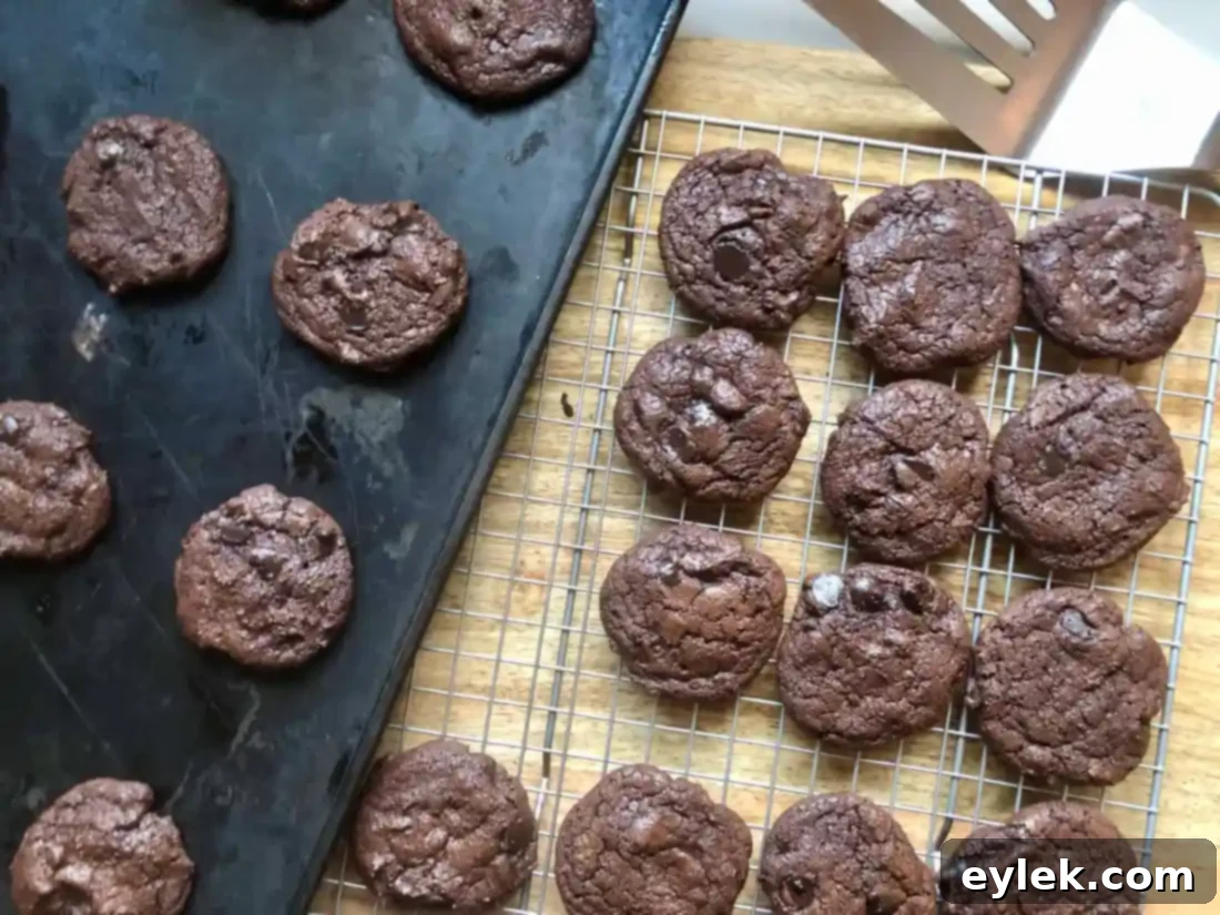 Cooling espresso chip cookies on a wire rack