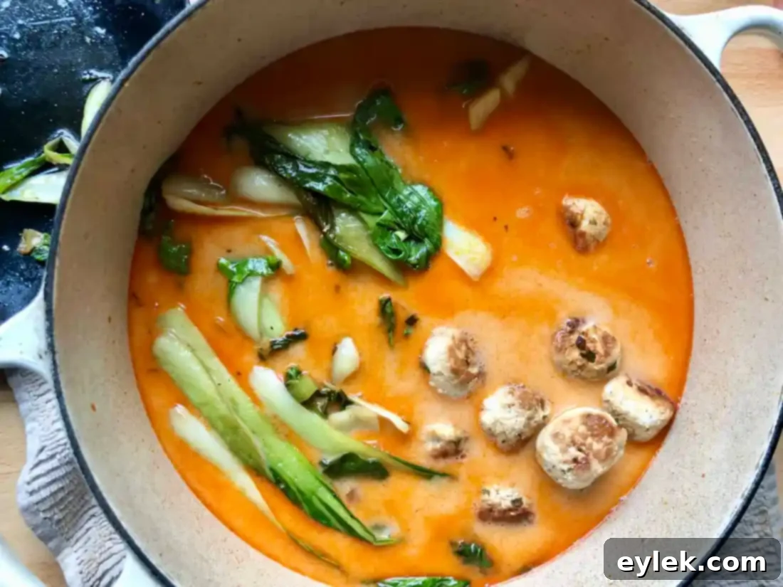 thai coconut curry noodle soup with chicken meatballs