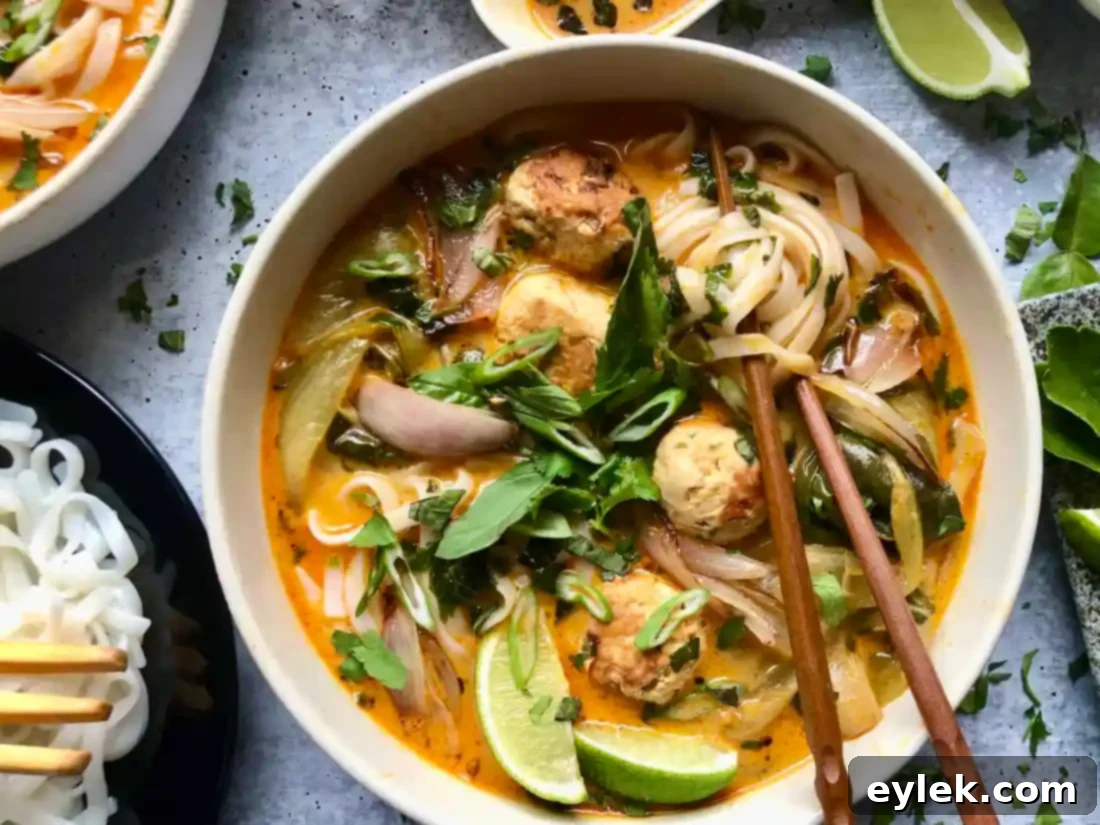 Thai Coconut Curry Noodle Soup with Chicken Meatballs