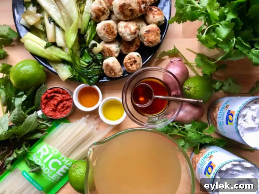 thai coconut curry noodle soup with chicken meatballs