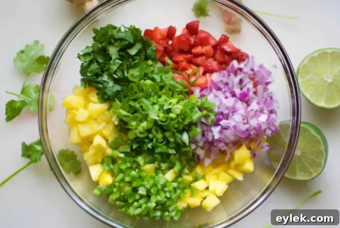 Close-up of fresh fruit salsa ingredients