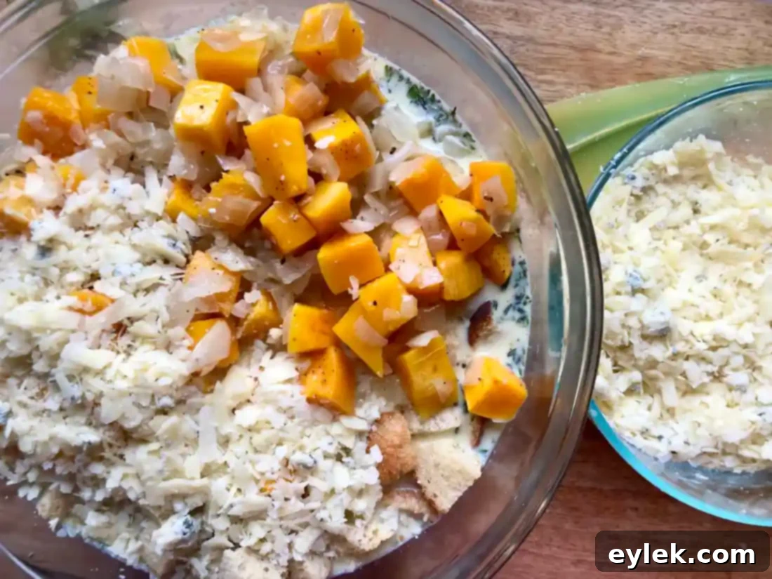 butternut squash bread pudding mixture absorbing liquid