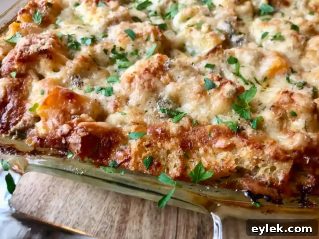 slice of roasted butternut squash bread pudding on a plate