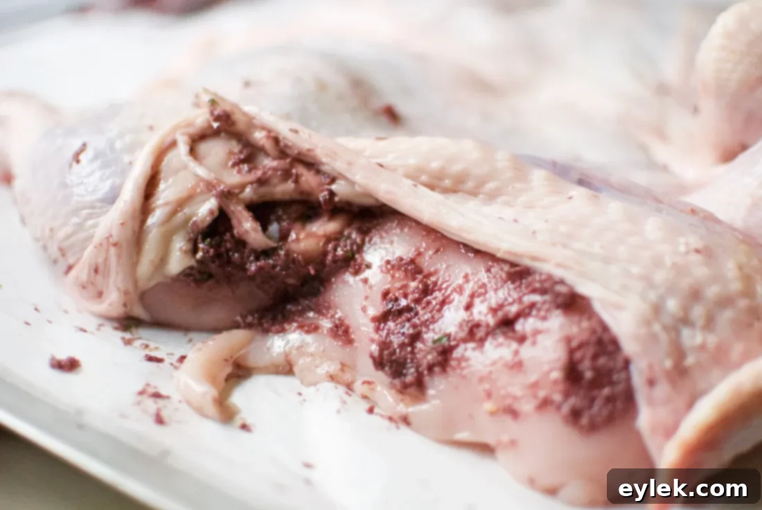 grilled brick chicken with tapenade - applying tapenade under skin