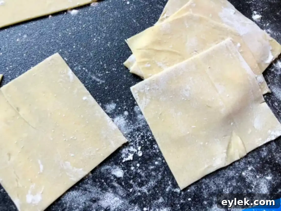Close-up of freshly cut homemade Asian wrappers.