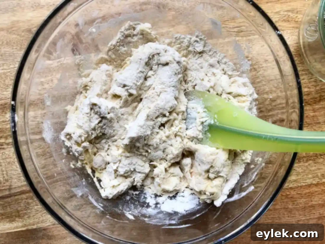 Mixing wet ingredients into flour for homemade Asian wrappers.