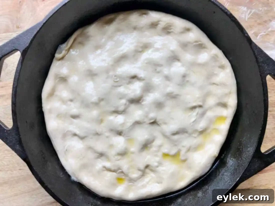 pizza dough covered and resting in pan