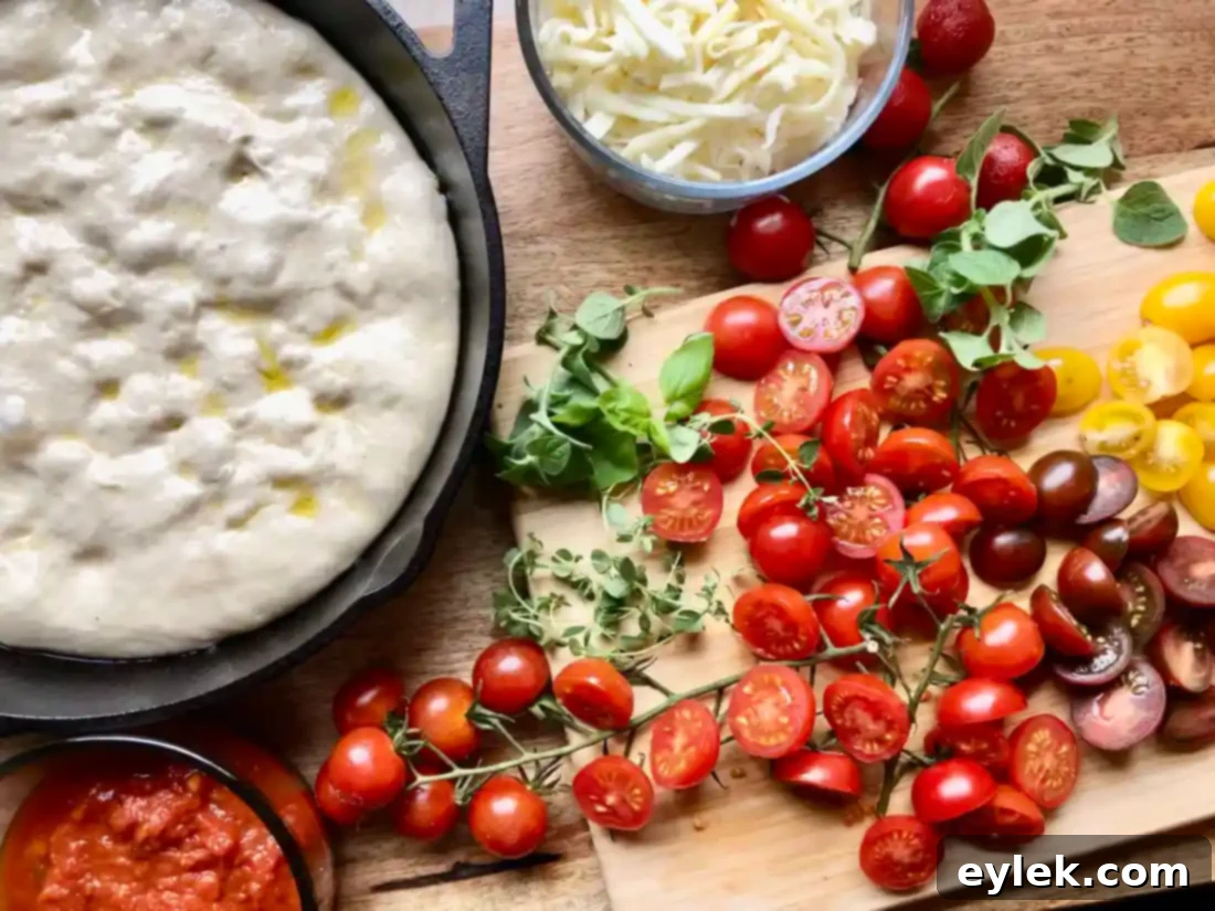 fully risen pizza dough in cast iron pan