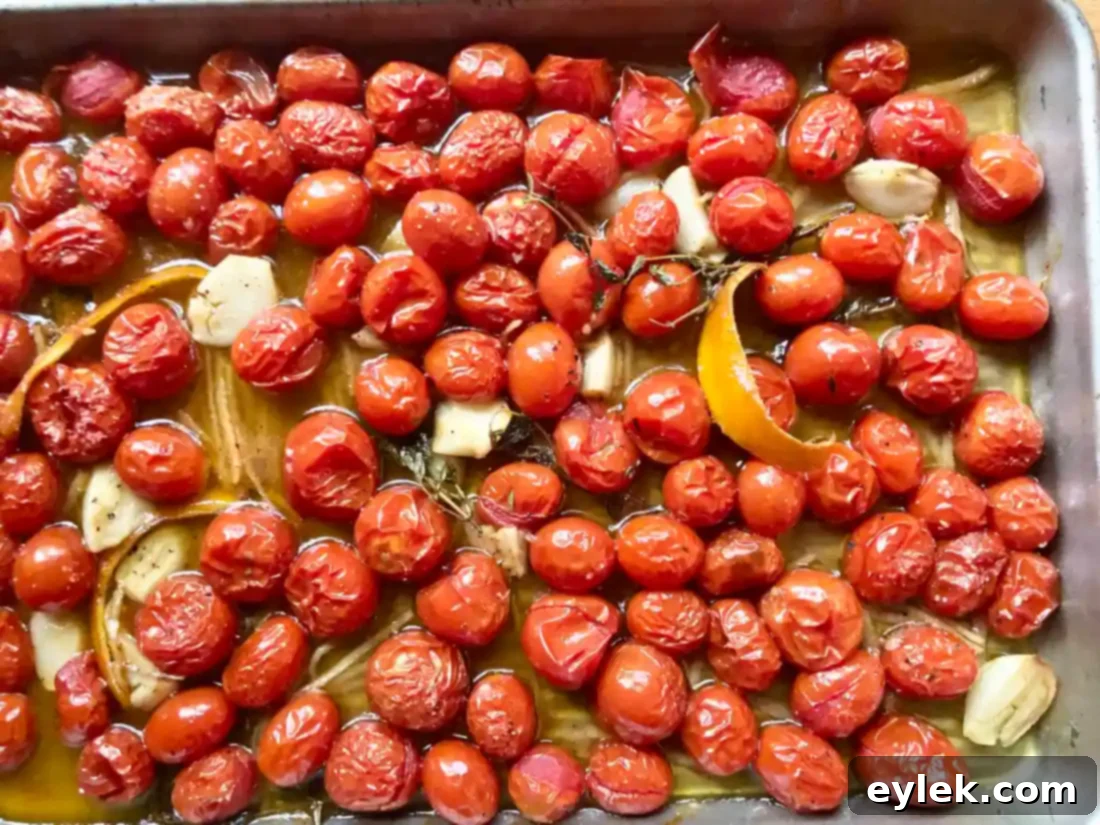 Roasted tomatoes cooling in the pan