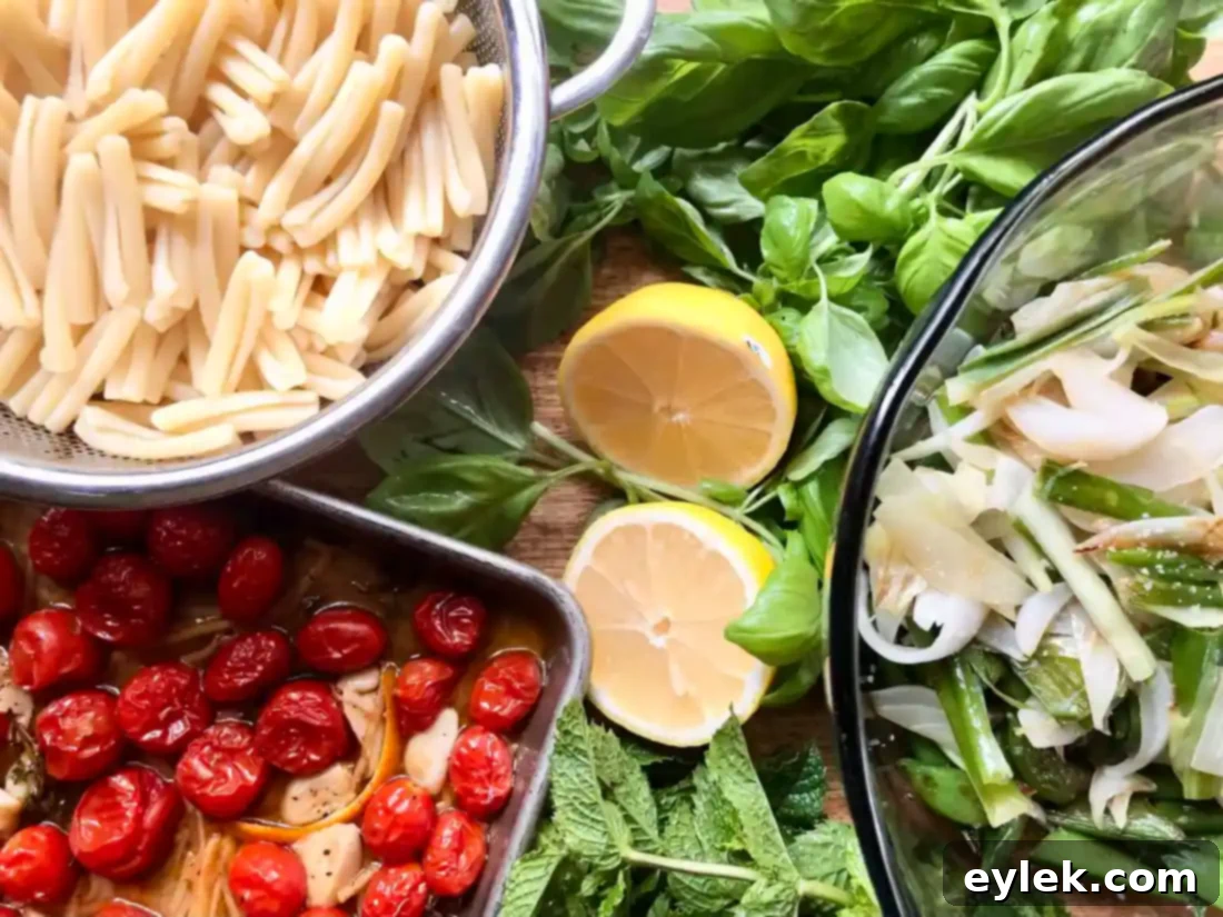 Ingredients for pasta salad assembly