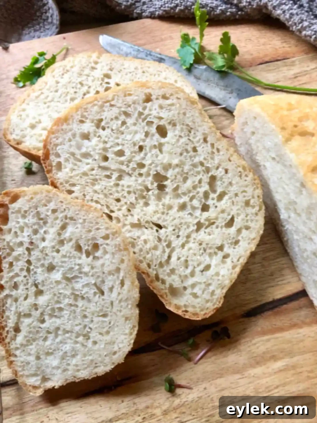 everyday no-knead peasant bread sliced on a plate