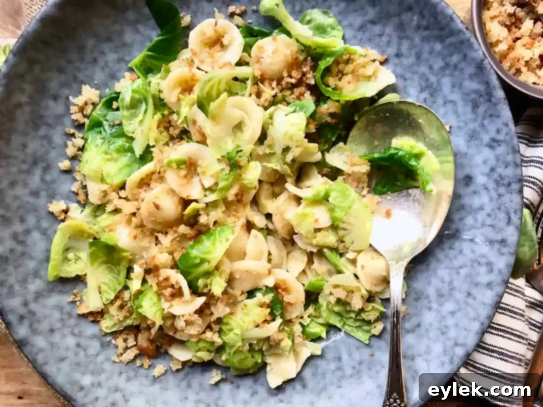 Close-up of Brown Butter Orecchiette & Brussels Sprouts, highlighting textures