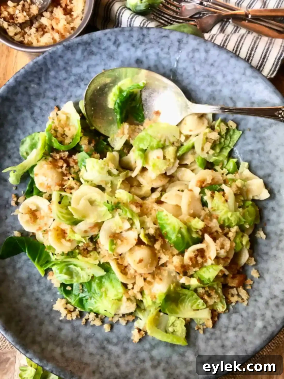 Overhead shot of Brown Butter Orecchiette & Brussels Sprouts in a serving dish