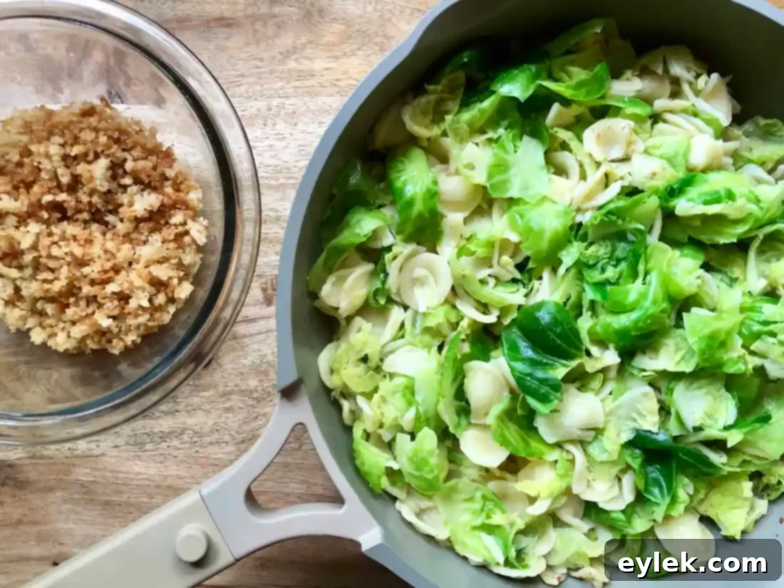A bowl of Brown Butter Orecchiette and Brussels Sprouts, ready to be served