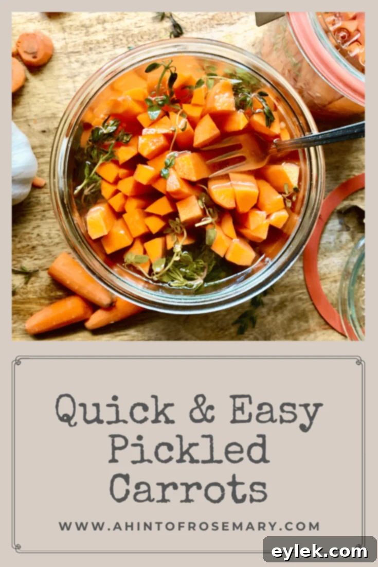 Pinterest graphic for Quick & Easy Pickled Carrots with recipe details