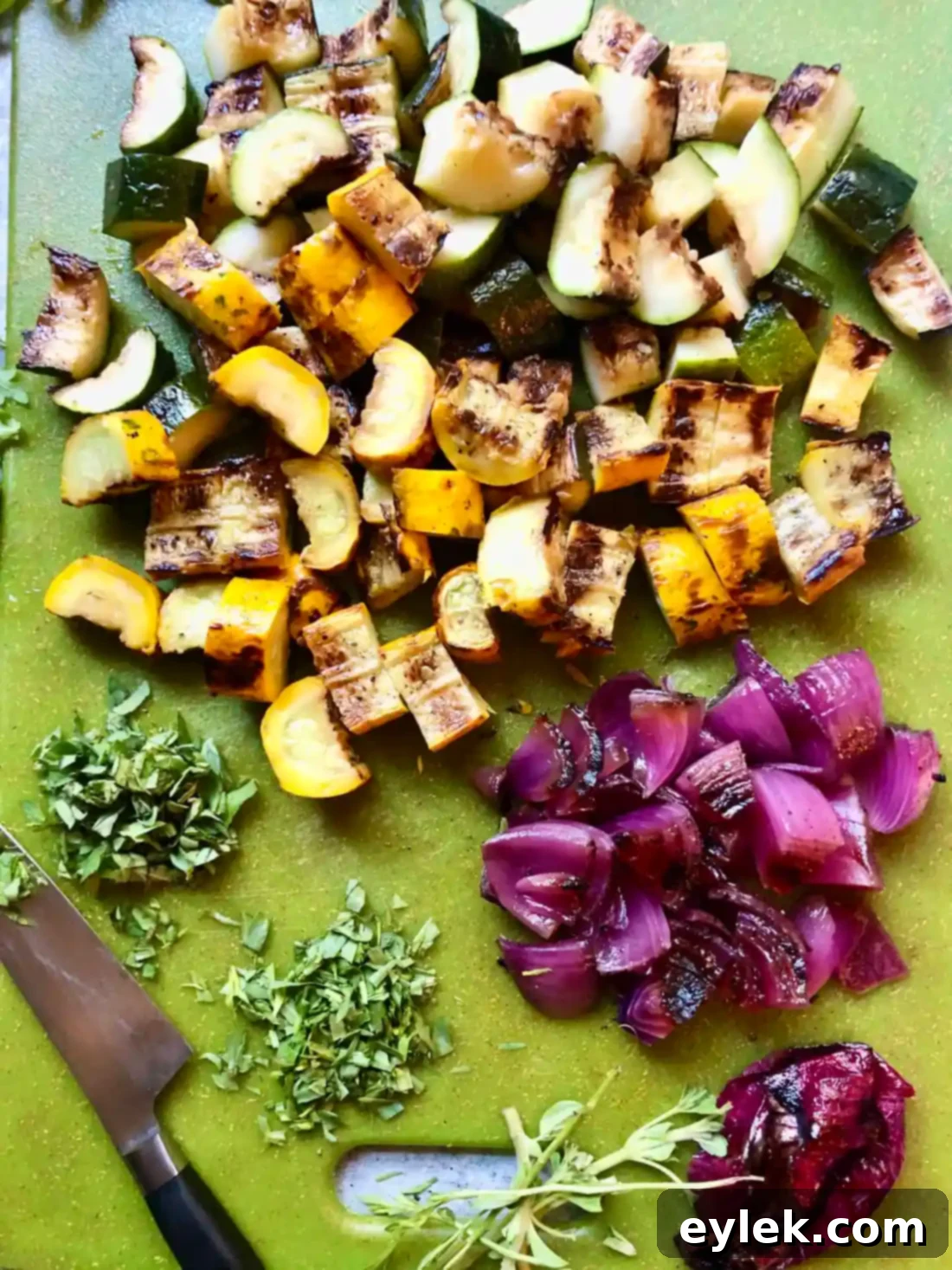 Grilled vegetables cut into bite-sized pieces for the tortelloni salad