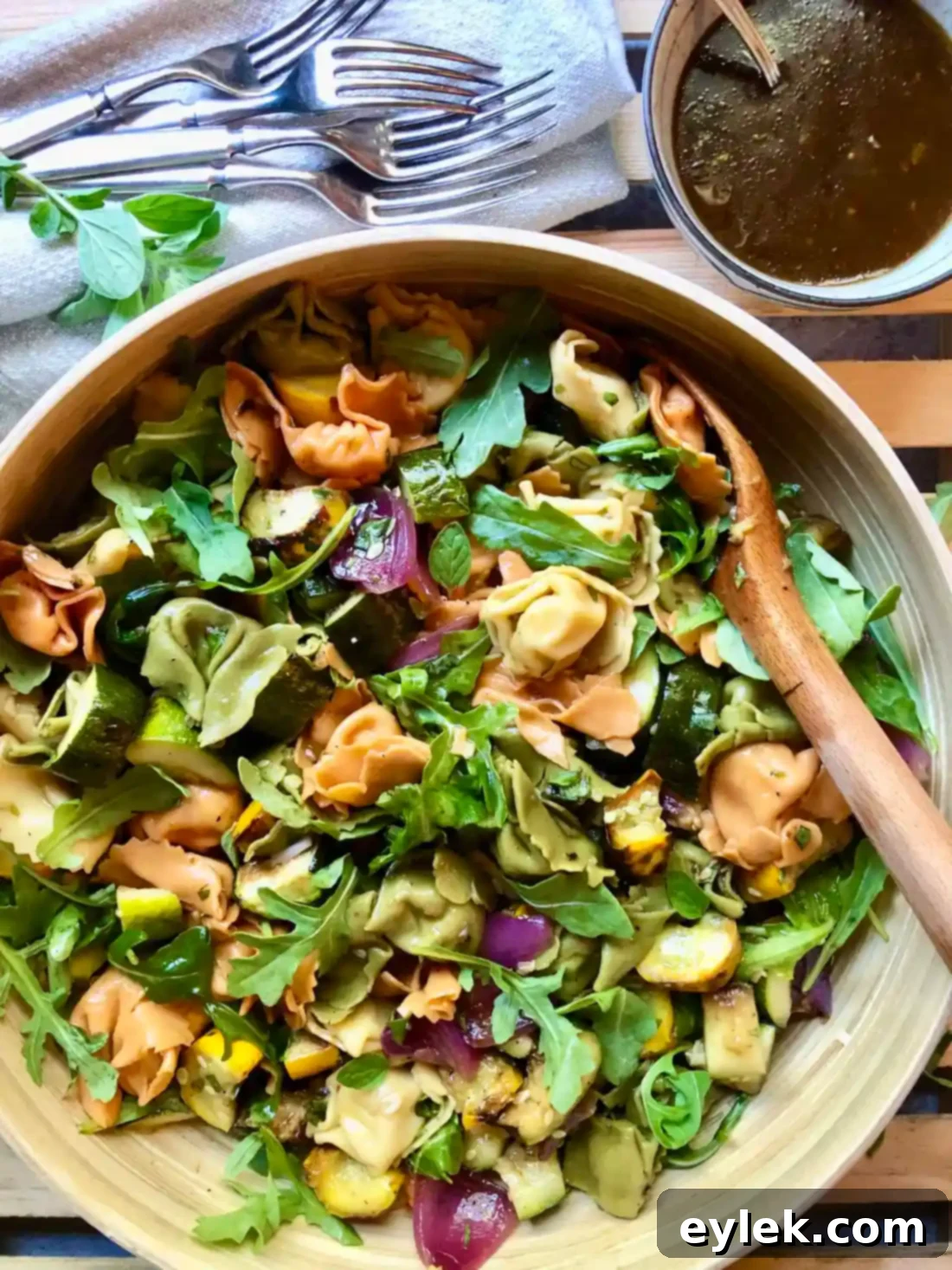 Close-up of a serving of Tortelloni Salad with Grilled Vegetables