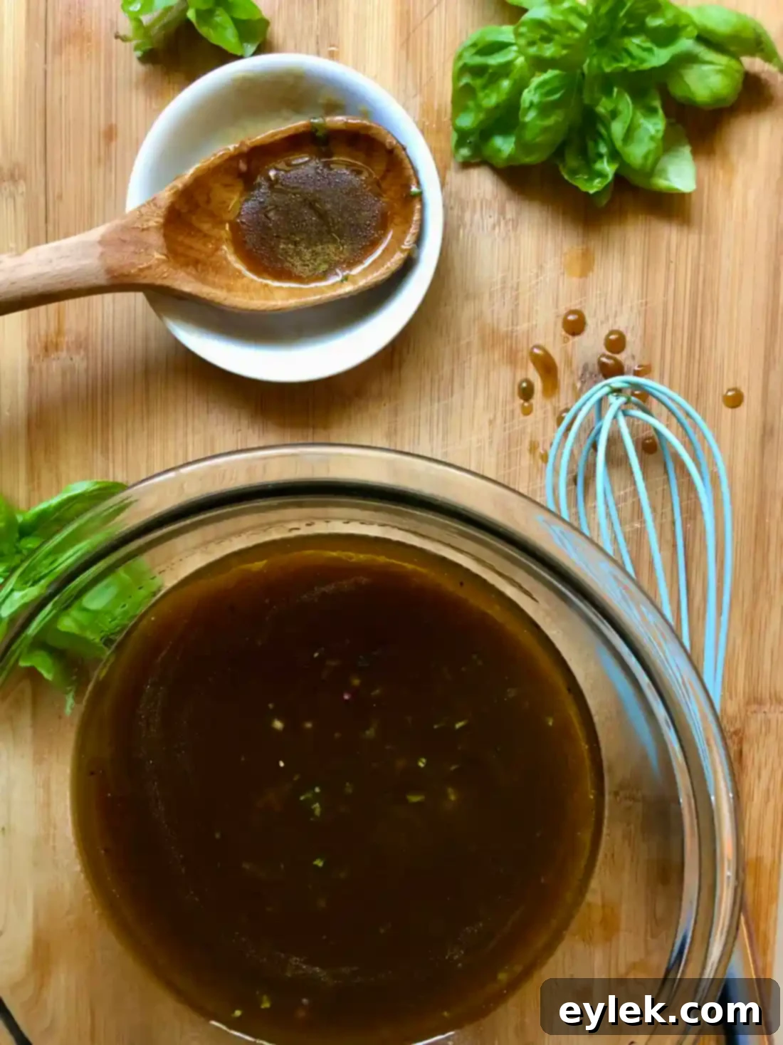 A bowl of freshly made authentic homemade balsamic vinaigrette.