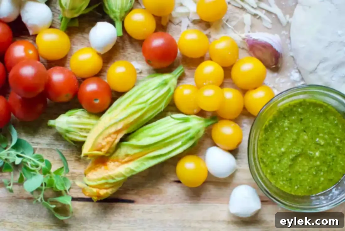 squash blossom, roasted tomato & pesto pie