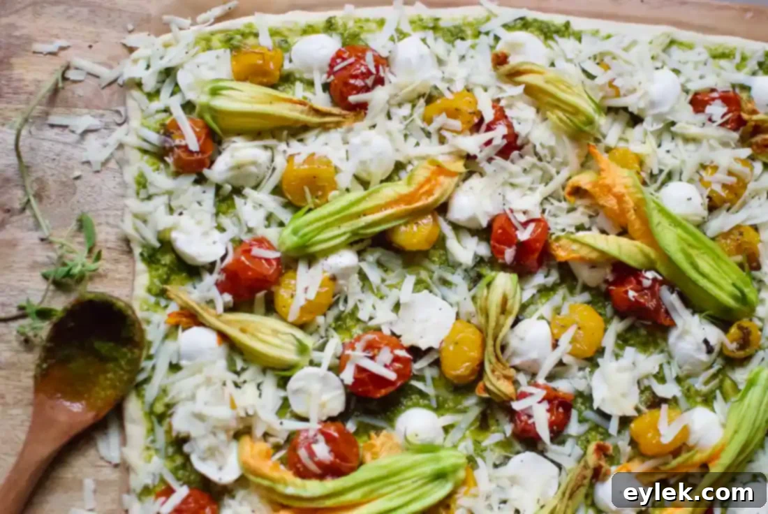 squash blossom, roasted tomato & pesto pie