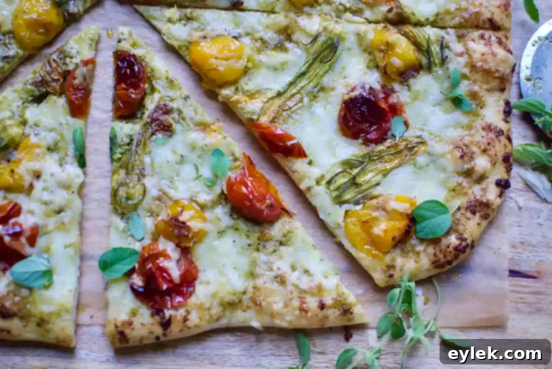 squash blossom, roasted tomato & pesto pie