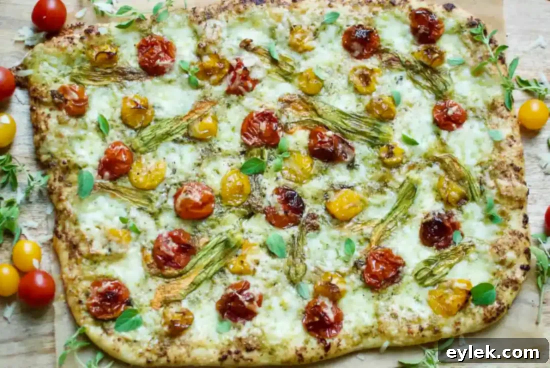 squash blossom, roasted tomato & pesto pie