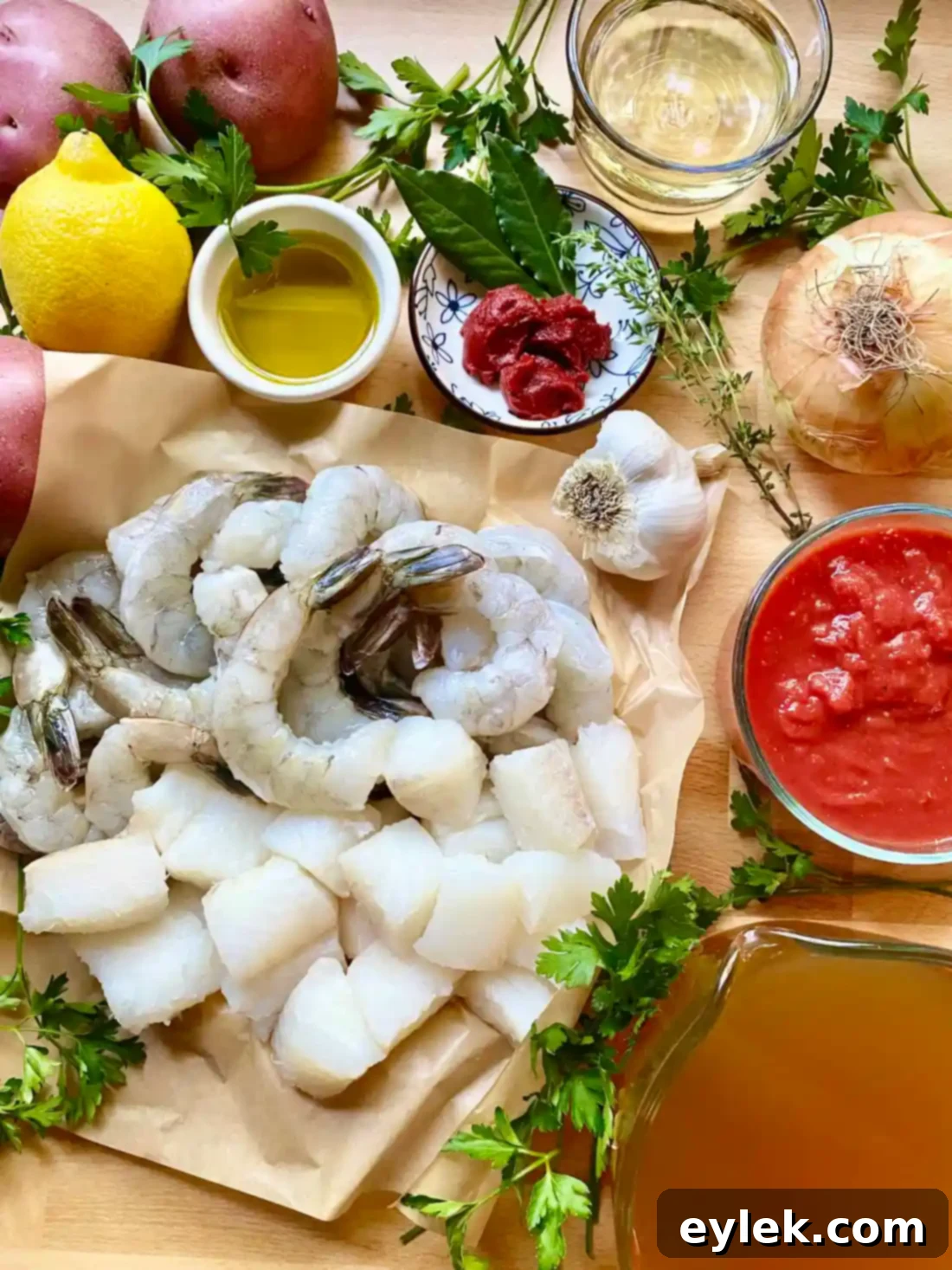 Fresh Ingredients for Seafood Stew with Fennel & Tomatoes