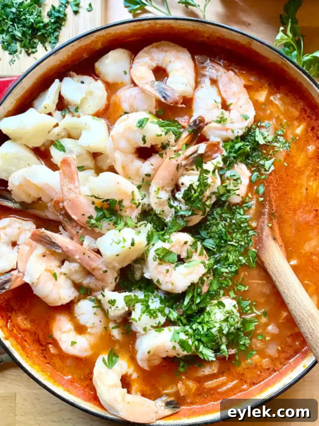 Close-up of Seafood Stew with Fennel & Tomatoes in a bowl