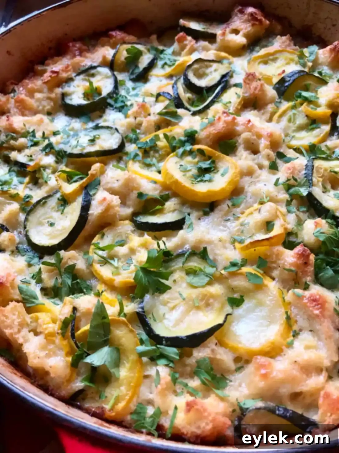 serving cheesy zucchini squash strata