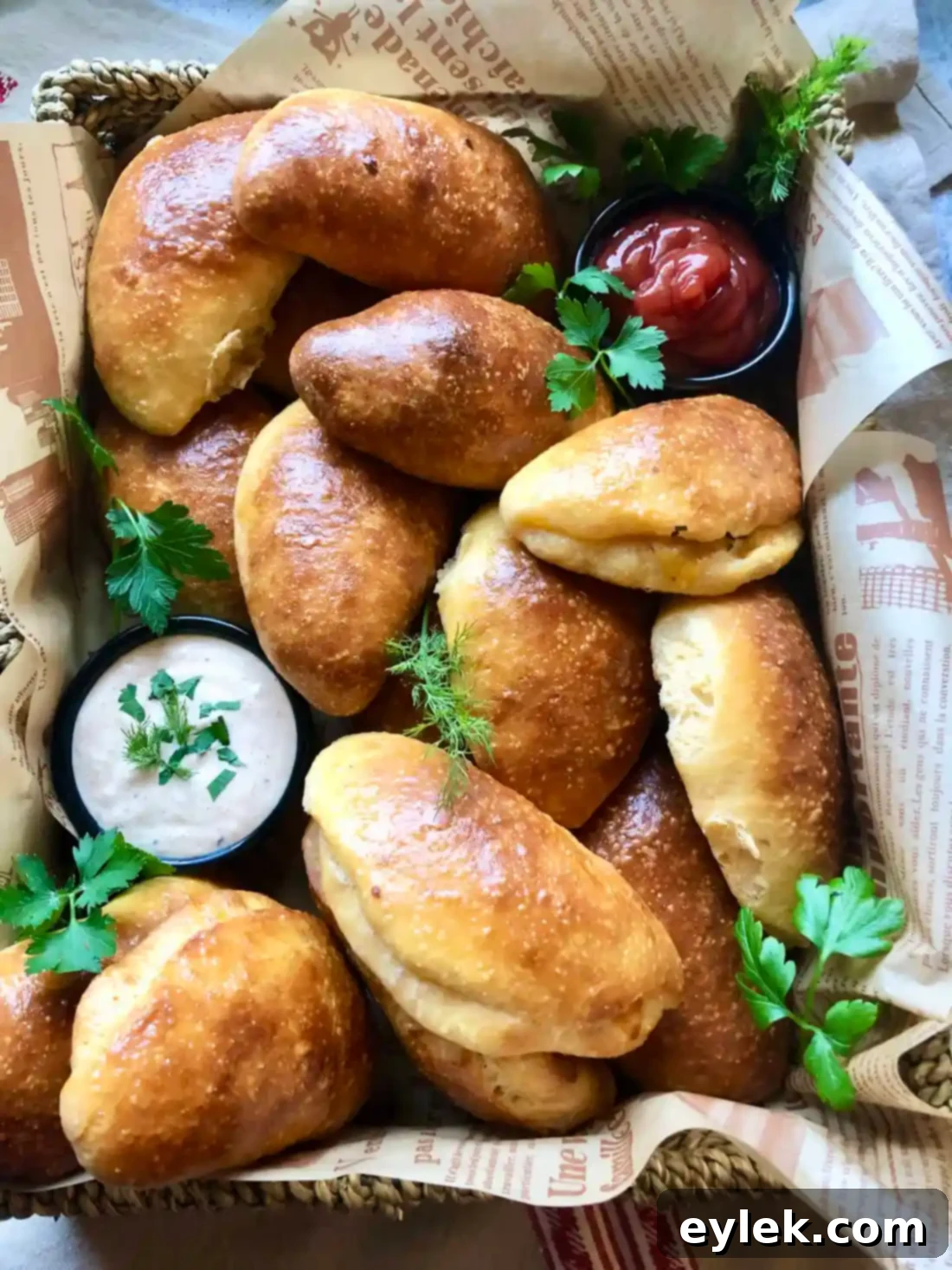 cheesy beef stuffed buns with dipping sauces