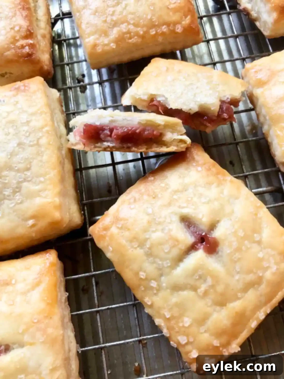 Close-up of a Rhubarb & Cheese Hand Pie, showing the flaky crust and filling