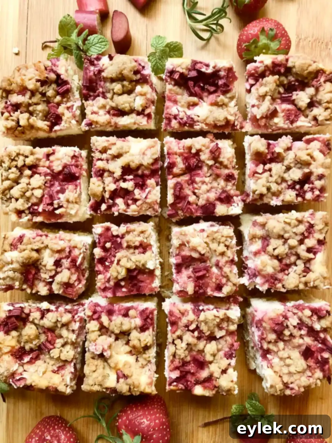 Beautifully cut Strawberry Rhubarb Cheesecake Squares, ready to serve.