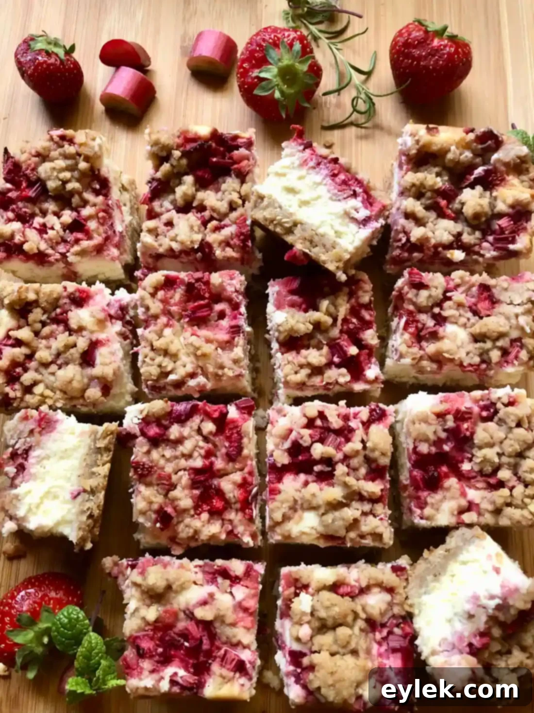 Platter of Strawberry Rhubarb Cheesecake Squares with a fresh strawberry garnish.