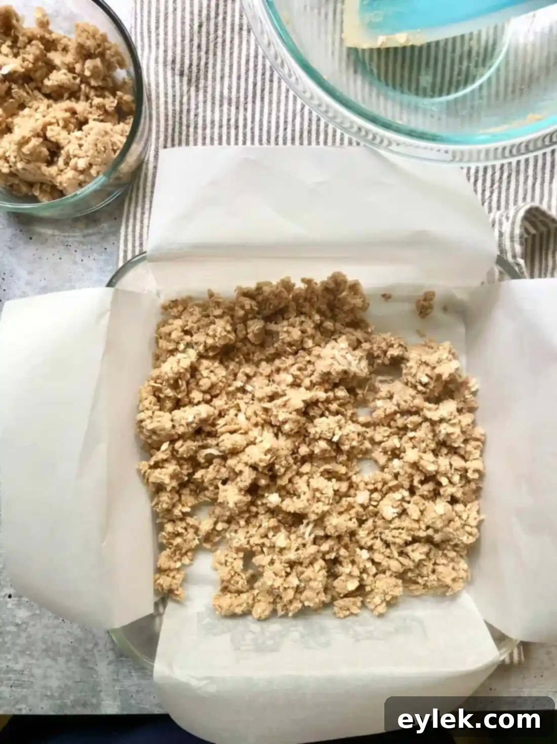 Chilled and ready for baking, the coconut oat crumble crust.