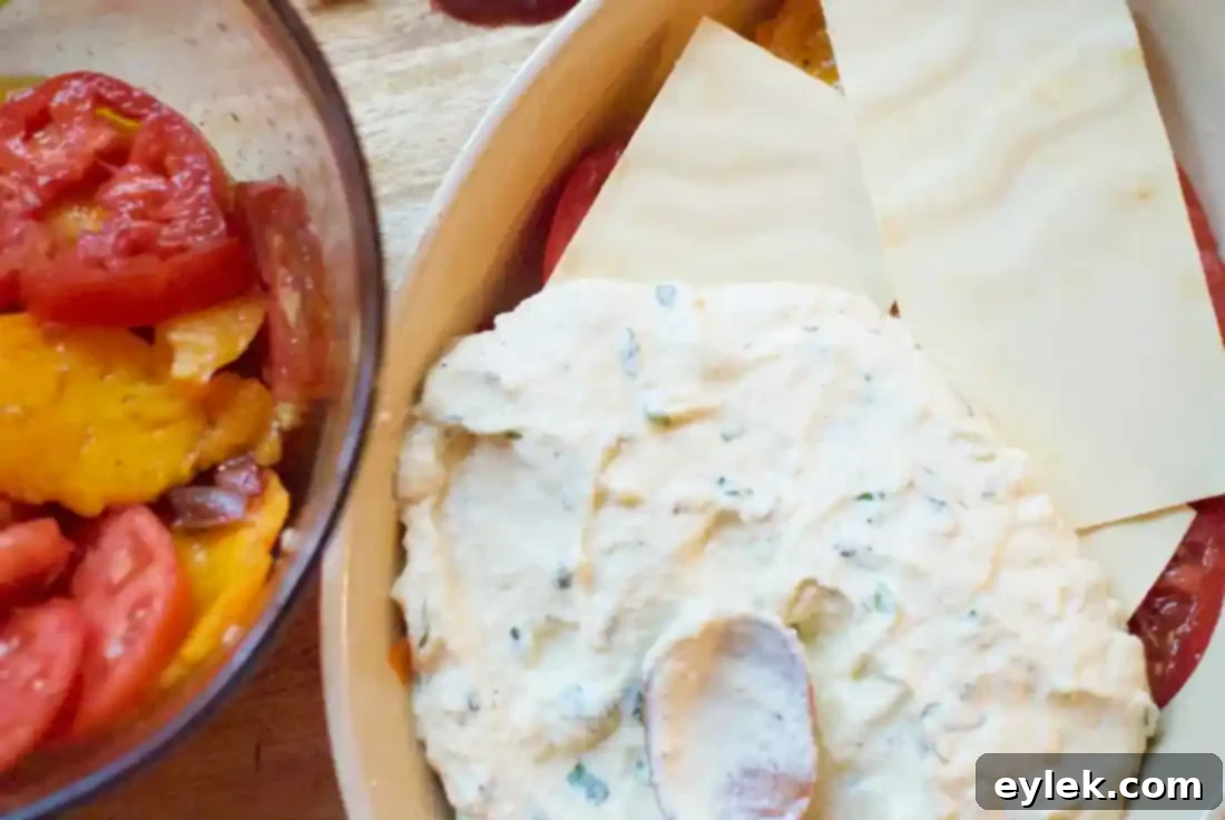 Heirloom Tomato Gratin Lasagna in a baking dish before the final topping