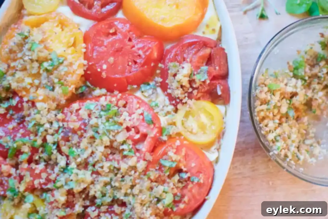 Heirloom Tomato Gratin Lasagna topped with breadcrumbs