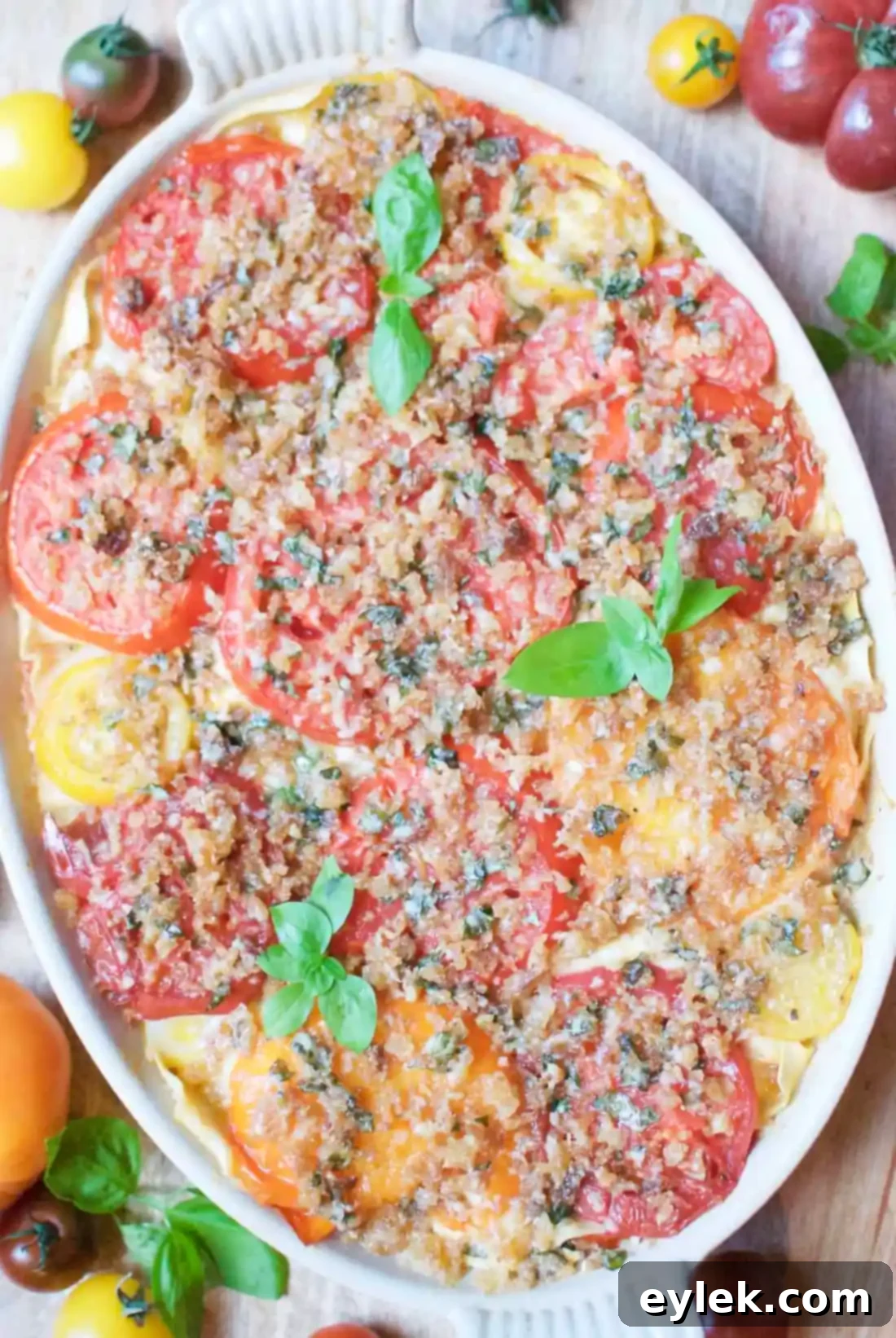 Heirloom Tomato Gratin Lasagna, freshly baked and ready to serve