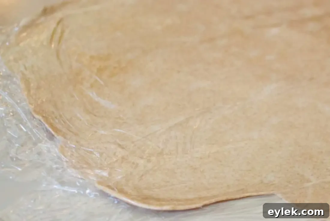 Pie dough rolled out between two sheets of plastic wrap.