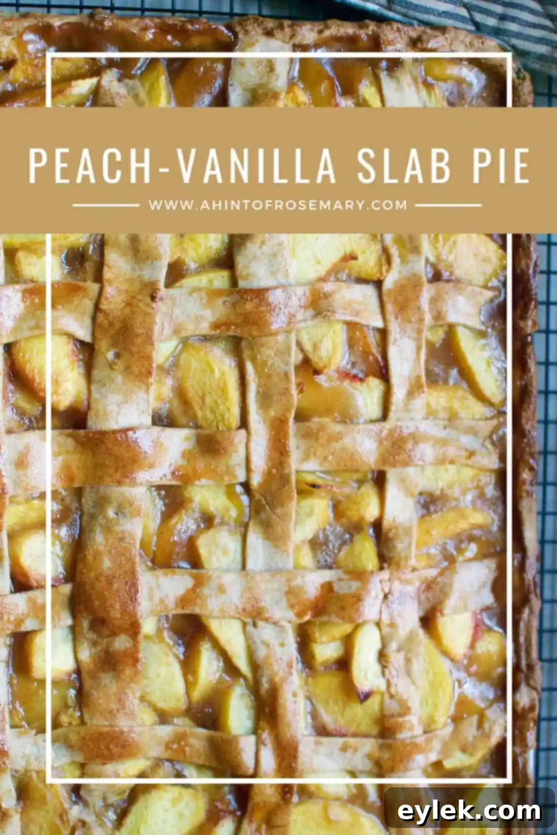 A whole peach vanilla slab pie, perfectly baked and golden.