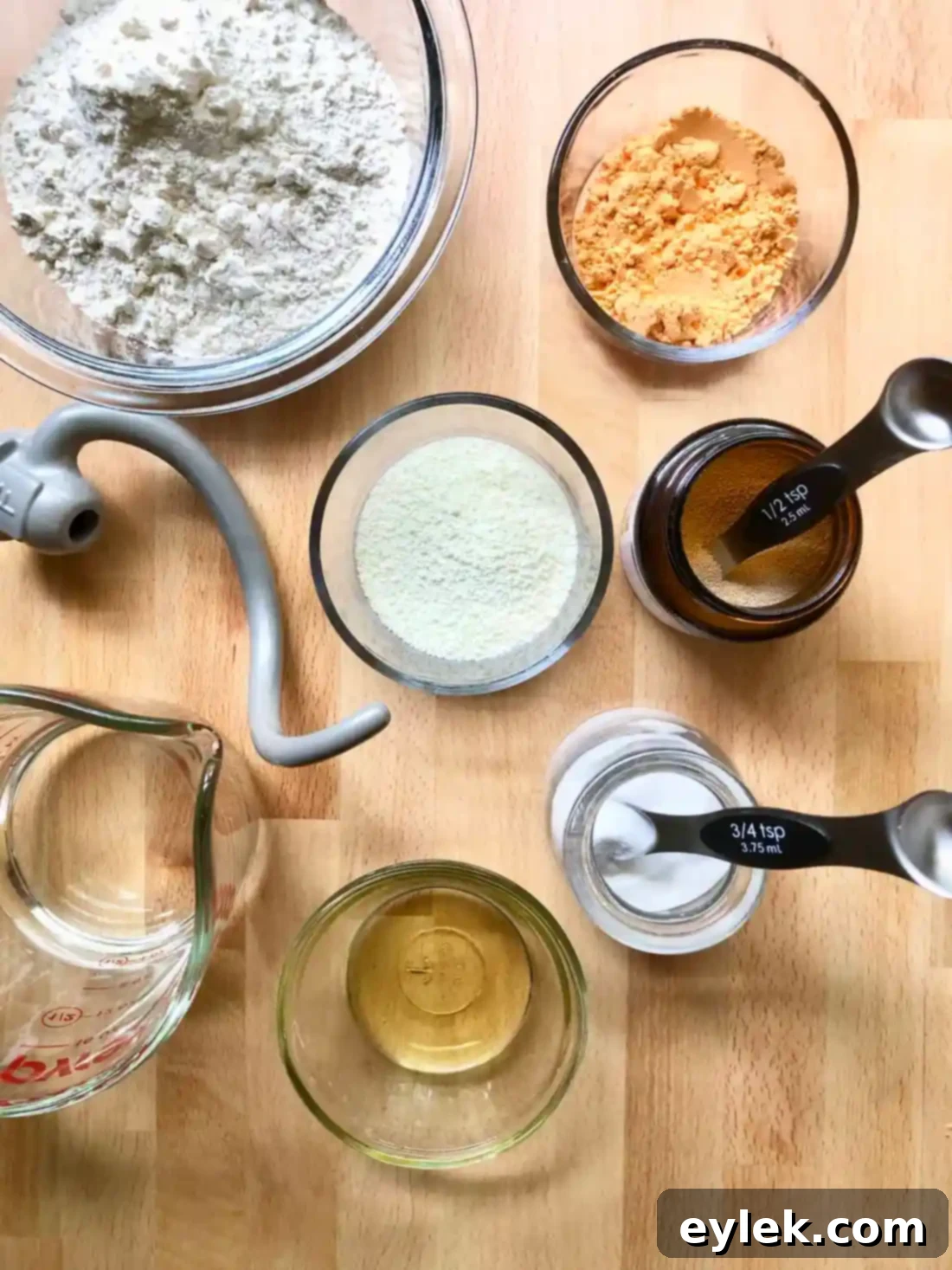 Preparing the pizza dough ingredients for Pizza Braid with Basil & Mushrooms