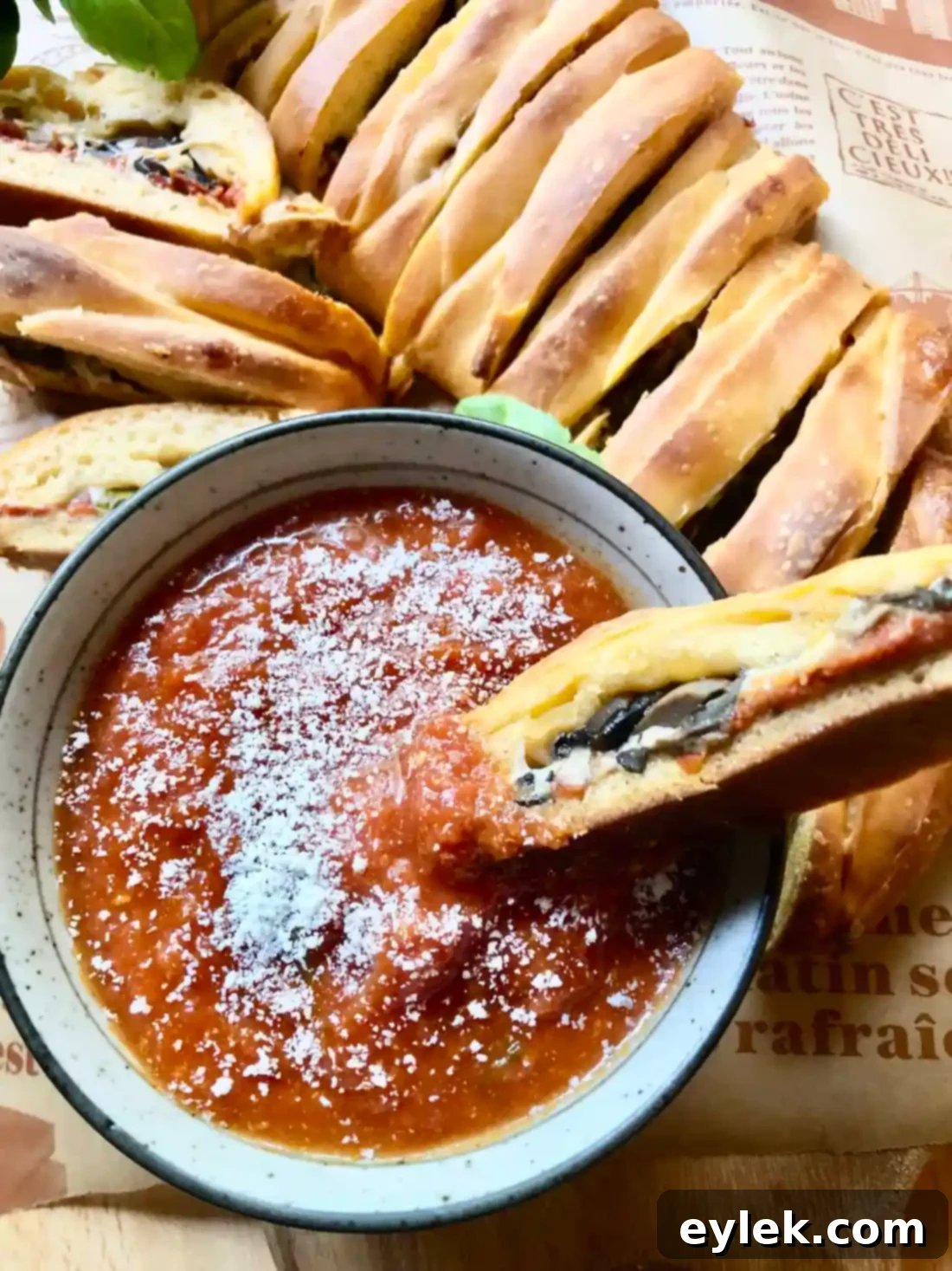 Two slices of Pizza Braid with Basil & Mushrooms on a plate with marinara