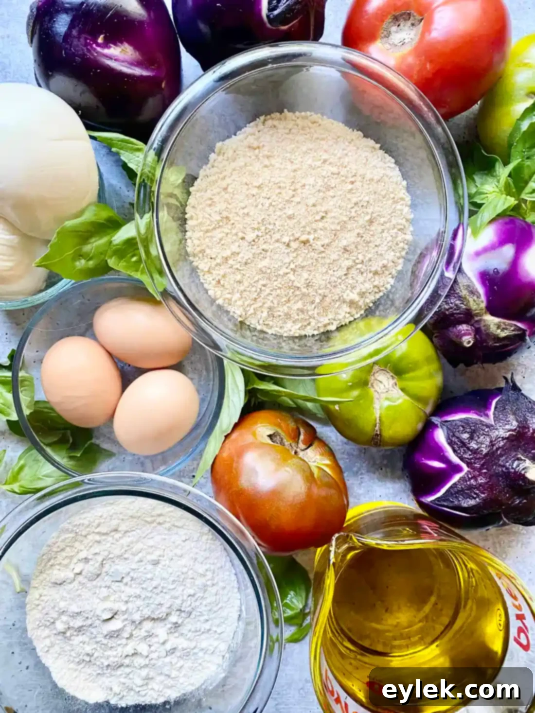 Fresh ingredients for Fried Eggplant & Tomato Stacks including eggplant, tomatoes, eggs, and herbs.