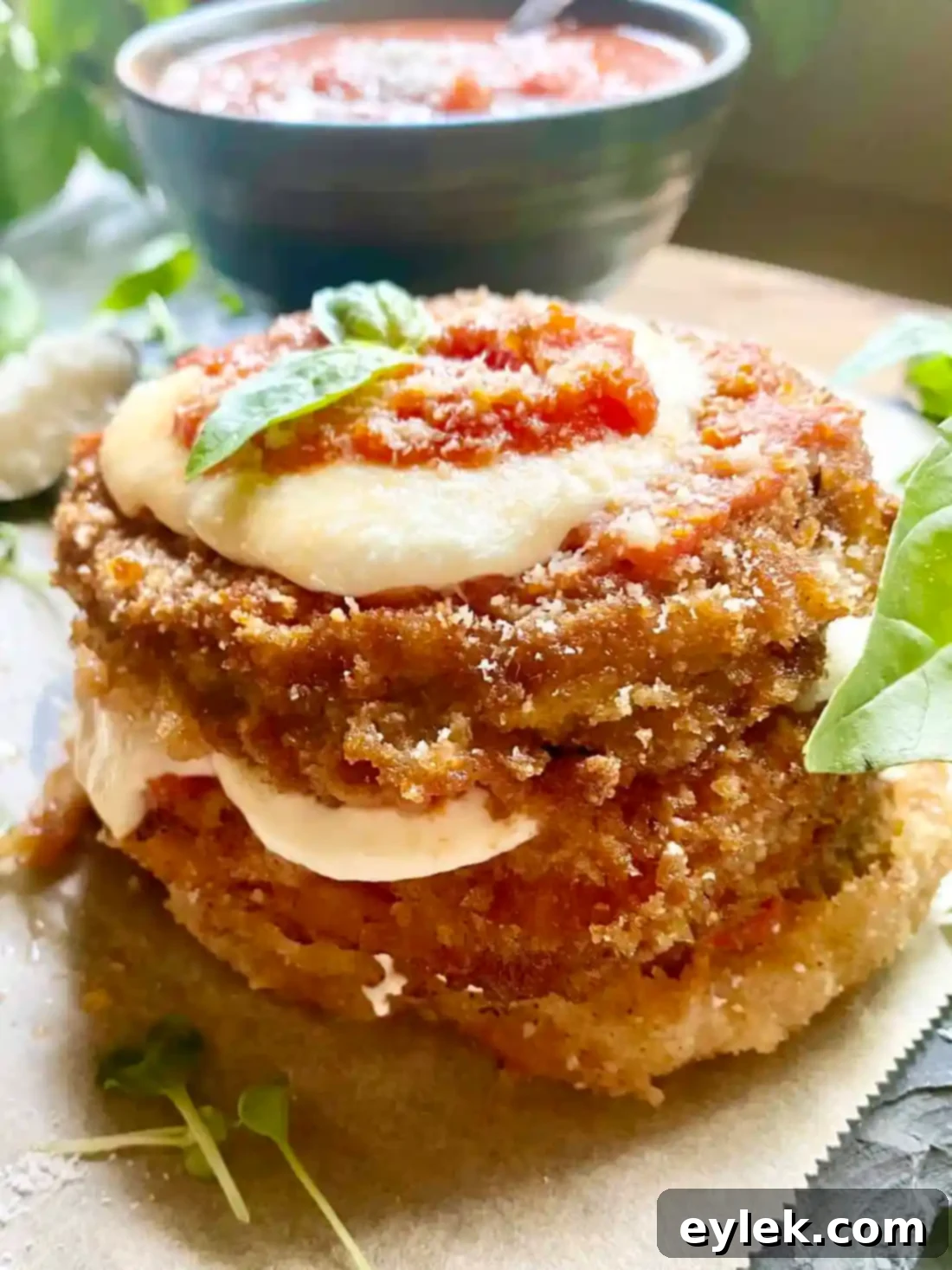 Large Fried Eggplant & Tomato Stacks plated for a generous serving.