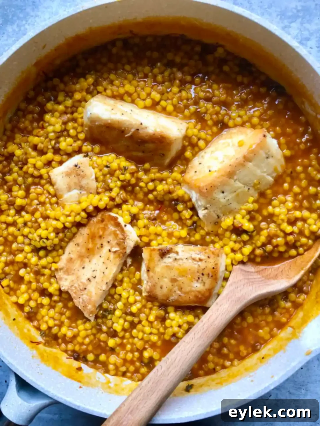 Lidia's Halibut with Saffron Fregola