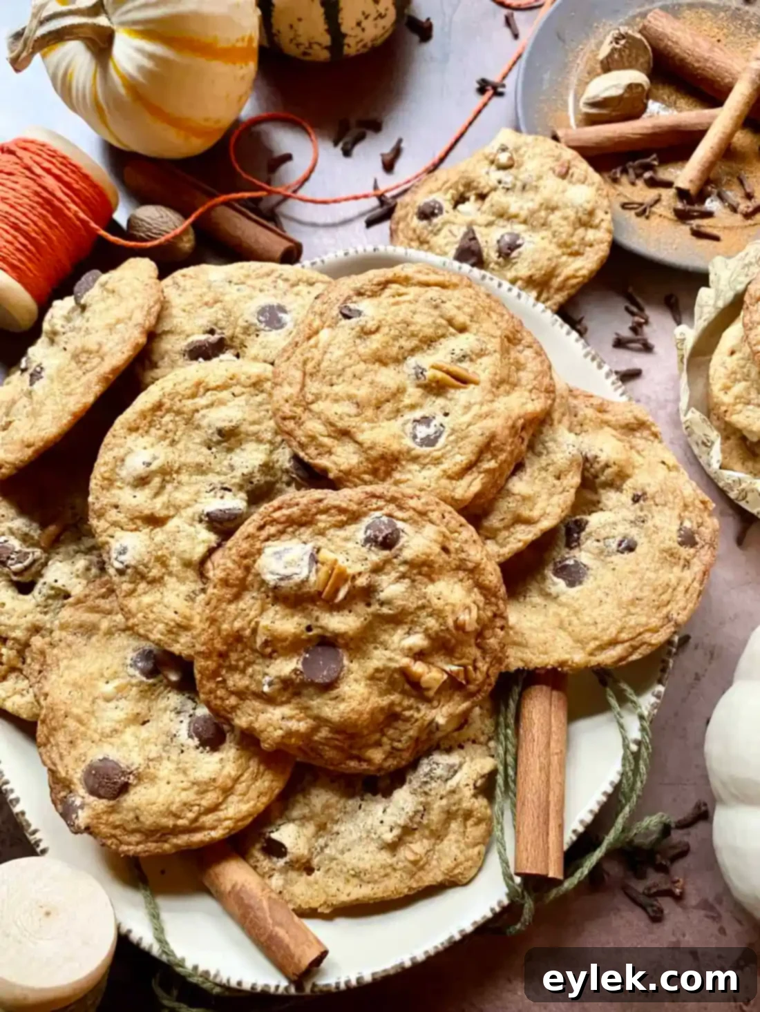 Close-up of baked Pumpkin Chocolate Chip Cookies