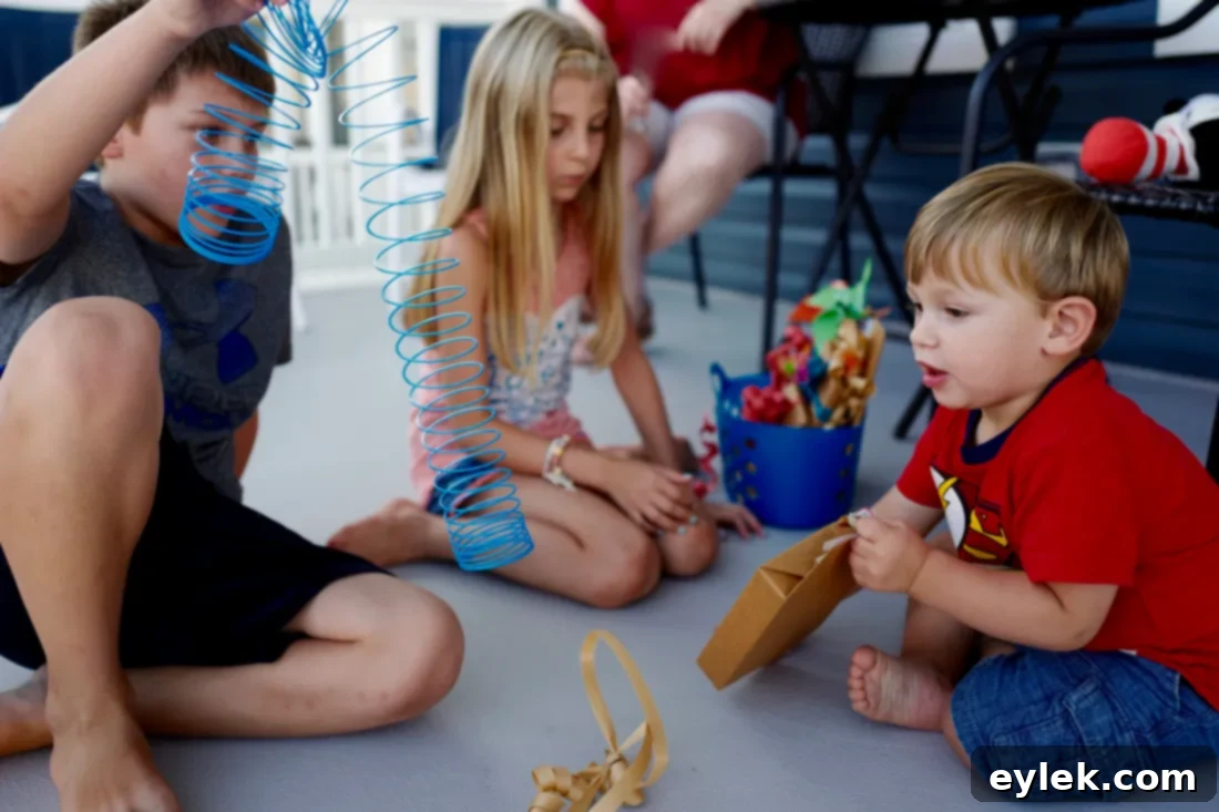Bargain Bliss 11 A happy child surrounded by open dollar store gifts and wrapping paper, illustrating the success of a budget-friendly celebration