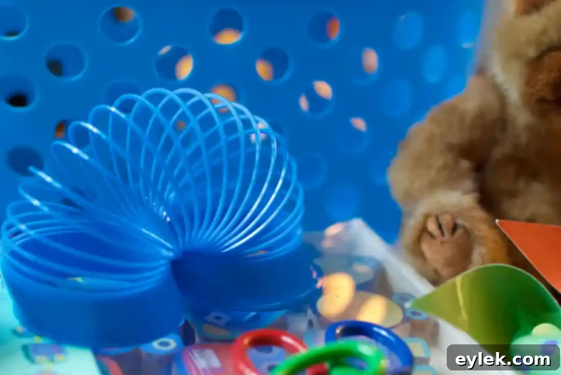 Bargain Bliss 4 A close-up of a dollar store aisle filled with colorful toys and trinkets, offering a wide selection for creating a celebration basket