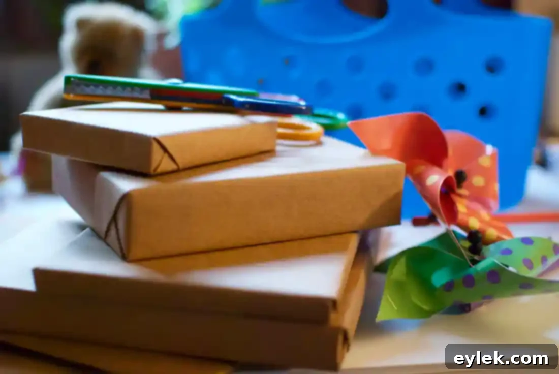 Bargain Bliss 5 Wrapped dollar store gifts with curling ribbons and small attached items like scissors and pinwheels, emphasizing the joy of anticipation
