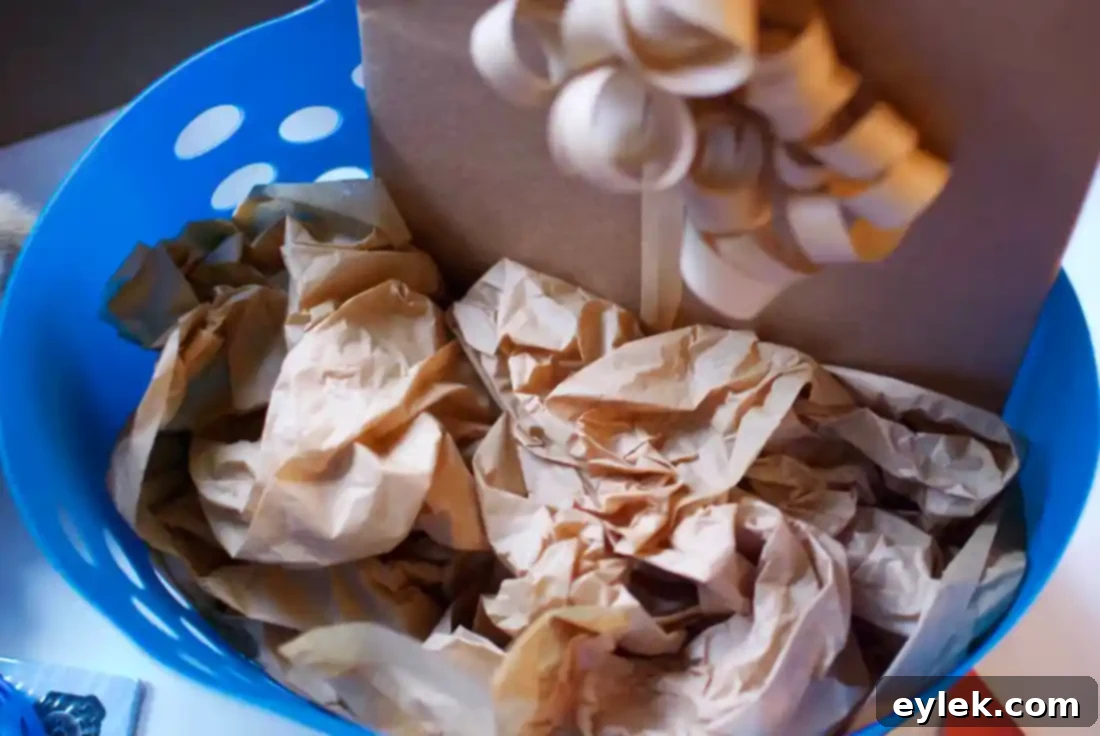 Bargain Bliss 6 A gift wrapped in kraft paper, adorned with colorful curling ribbon and a plastic ring, showcasing a simple yet exciting wrapping technique