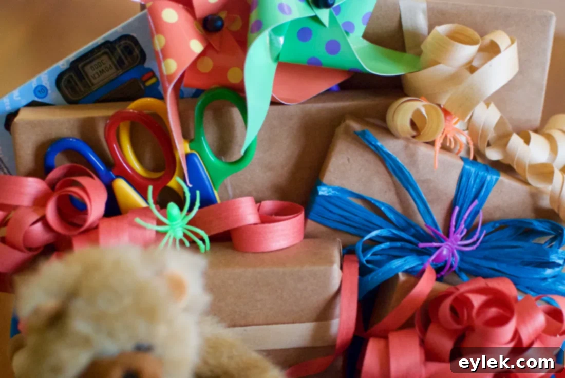 Bargain Bliss 8 A completed dollar store celebration basket, overflowing with wrapped gifts and a stuffed animal, ready to delight a grandchild